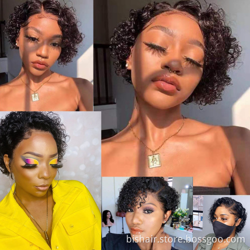 Cheap Short  Kinky Curly Hair Wig Pixie Cut Lace Frontal Curly Human Hair Wigs Human Hair Wig With  Frontal Lace For Woman
